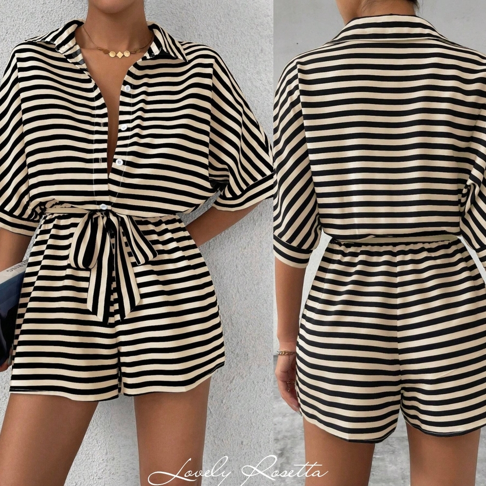 Tan Striped Tie Waist Romper - Picture 2 of 8